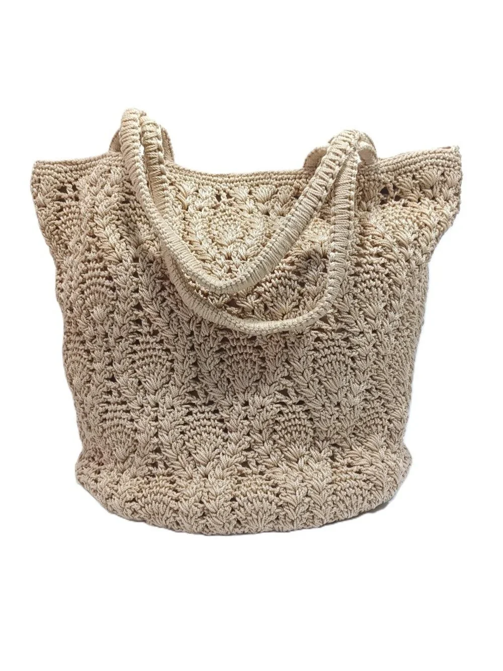 The Sak Hand Crochet Tan Shoulder Bag Double Strap 10"x12"x9" with 9" drop - Picture 3 of 9